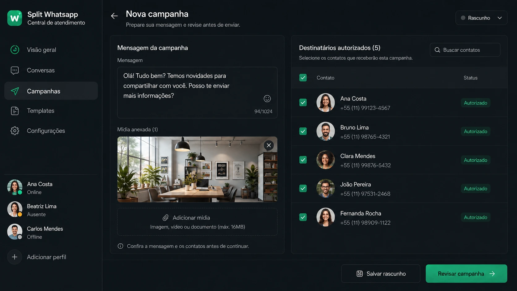 Apresentação ilustrativa de configuração de campanhas do Split com dados de demonstração.