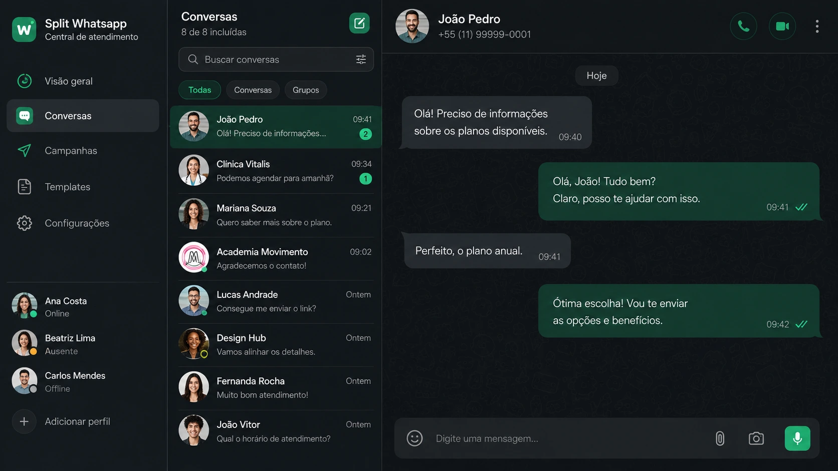 Apresentação ilustrativa do Split com perfis, lista de conversas e chat aberto, usando dados fictícios.